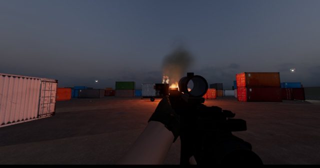 Humming Silence: a rifle's red dot sight over a shipping-container yard at dusk